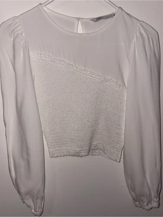 Zara White Smocked Panel Long-Sleeve Blouse - Size XS - Used
