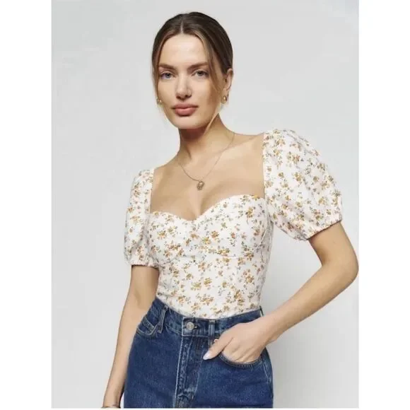 Reformation Andra Linen Top in Adagio Floral.Puff Sleeves. Zipper Closure.Sz 4
