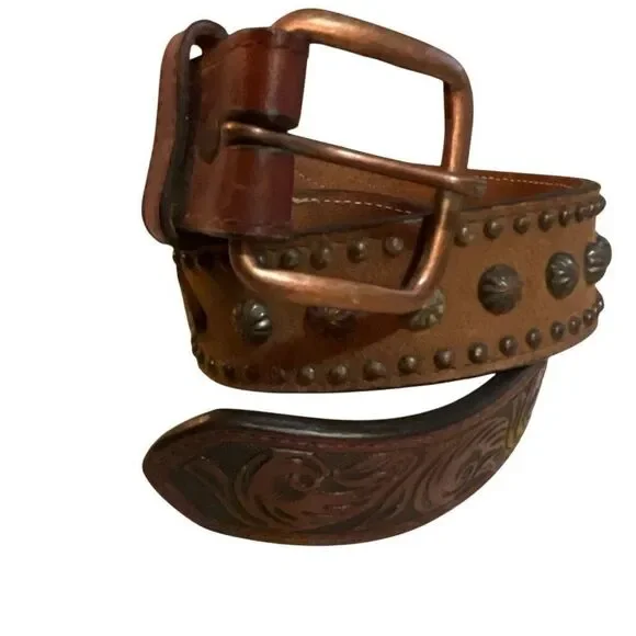 3D Belt Vintage Kids Leather Hand Tooled/Studded Copper Buckle Belt