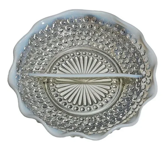 Moonstone Pattern Glass Ruffled Divided Relish with Opalescent Blue Hobnail VTG