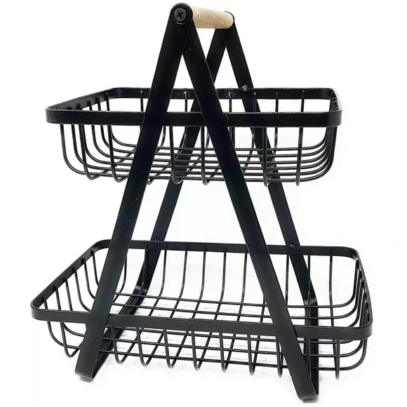 2-Tier‎ Metal Storage Baskets Wire Organizer w/ Wood Handles NEW