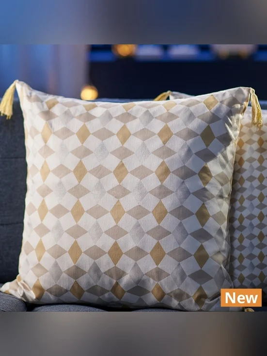 New IKEA Decorative Geometric Gold and Cream Throw Pillow with Tassels, 2