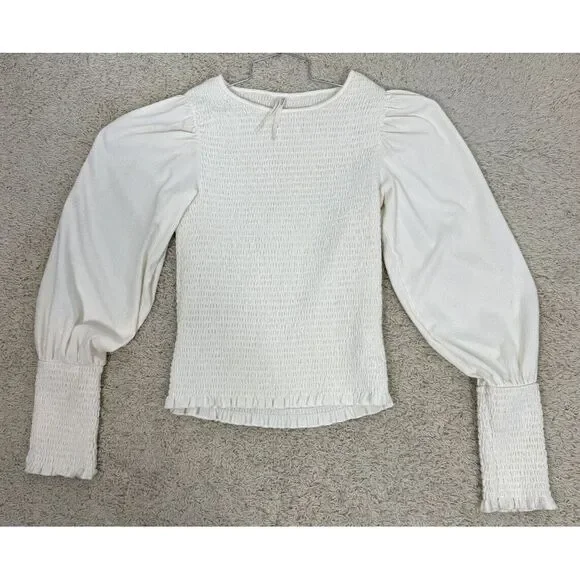 Anthropologie Smocked Puff Sleeve Ivory Cream‎ Top Blouse Size S Boho Bodycon