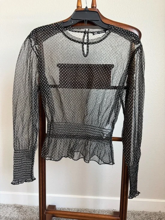 Zara Sheer Polka Dot Mesh Blouse Black Sheer Top Smocked Waist Size S