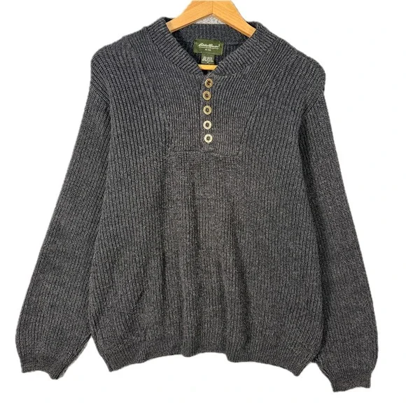 Eddie Bauer Henley Sweater Mens Medium Gray Cotton Ribbed Knit Vintage Gorpcore