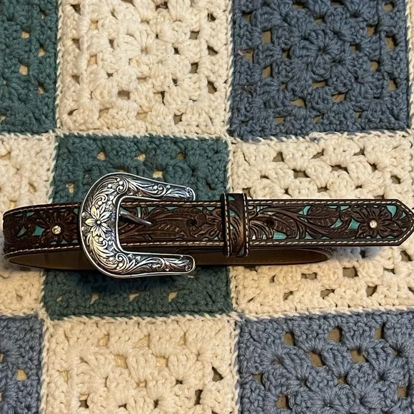 Ariat Children's Western Floral Belt Brown & Turquoise Tooled Overlay S/M 20