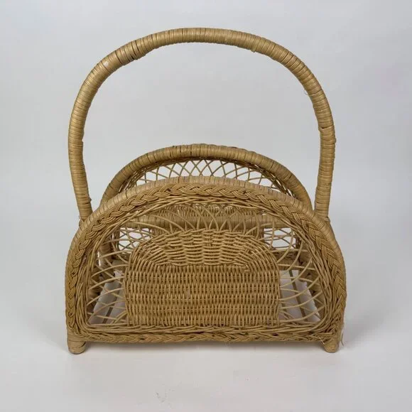 Natural Woven Wicker Rattan Boho Magazine Rack Holder Storage