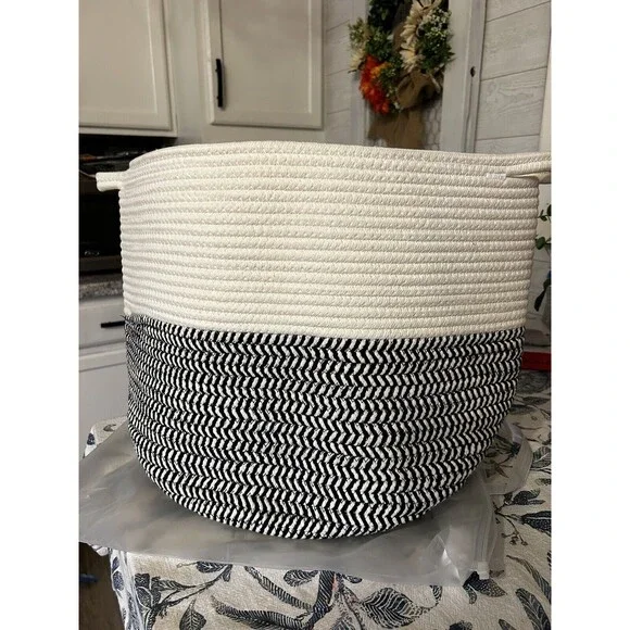 Woven Laundry Storage Basket ROKR Brand New With Handles Two Tone Black Cream