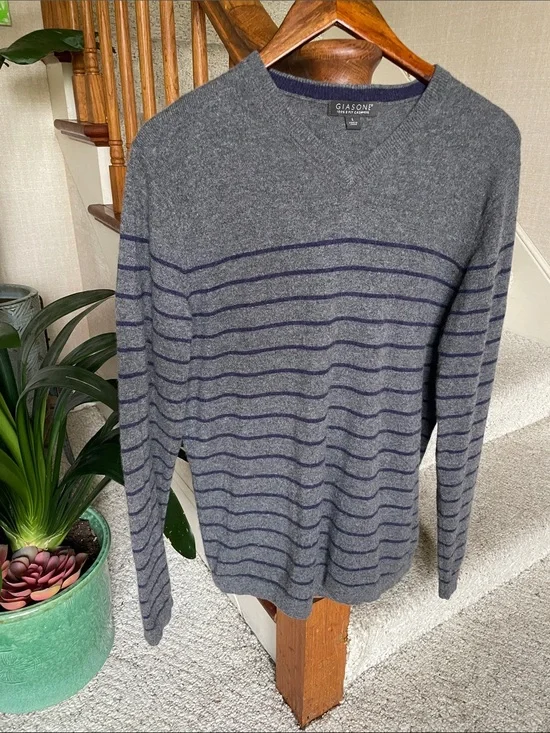 Giasone 100% 2Ply Cashmere Men's Grey V-Neck Striped Sweater