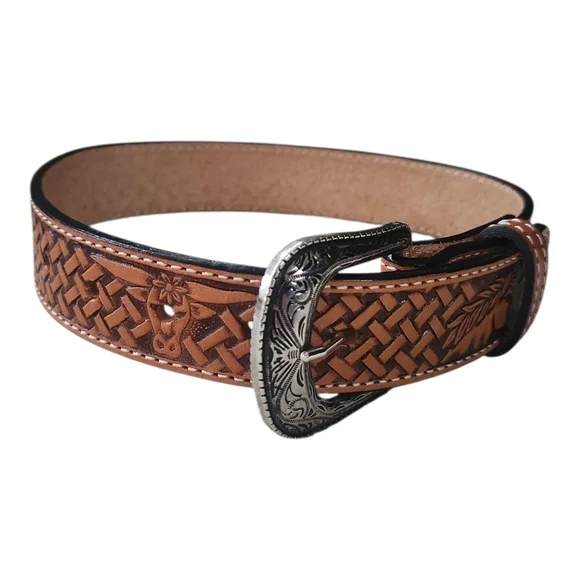 Tooled Leather Western Belt Made in Mexico | Size 18 | Basket Weave Design
