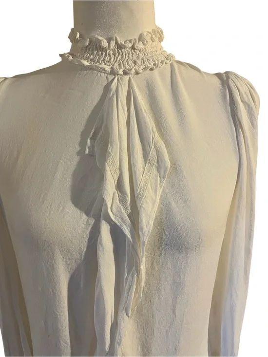 Zara Cream Ruffle Neck Long-Sleeve Blouse Size Small