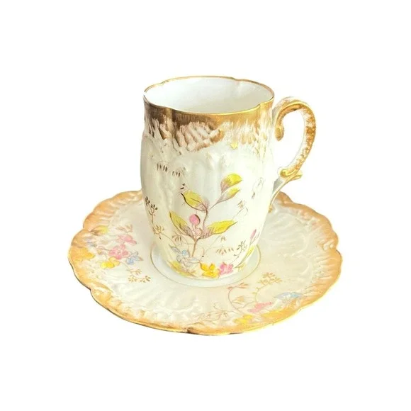 Antique M Redon Limoges Hand Painted Porcelain Demitasse Cup and Saucer ca 1880s