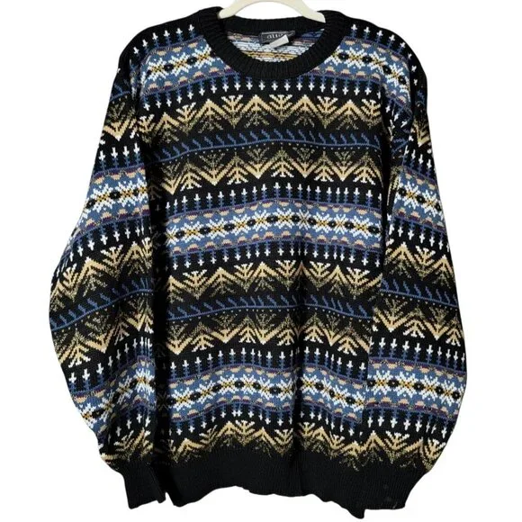 VTG Atlas Mens Blue Geometric Nordic Fair Isle Knit Crewneck Pullover Sweater XL