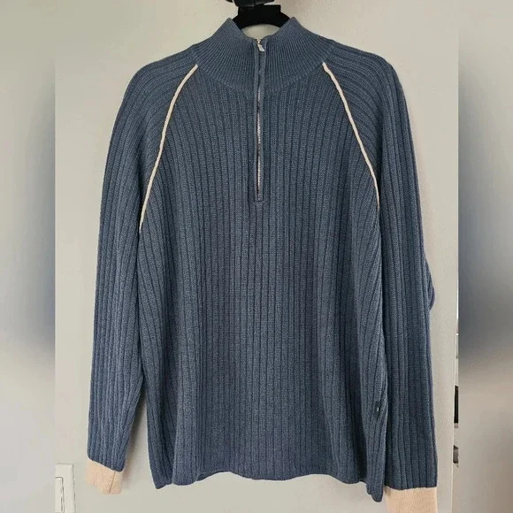 Hugo Boss 70% Virgin Wool Made in Italy 1/4 Zip Turtleneck Sweater Blue Size XL