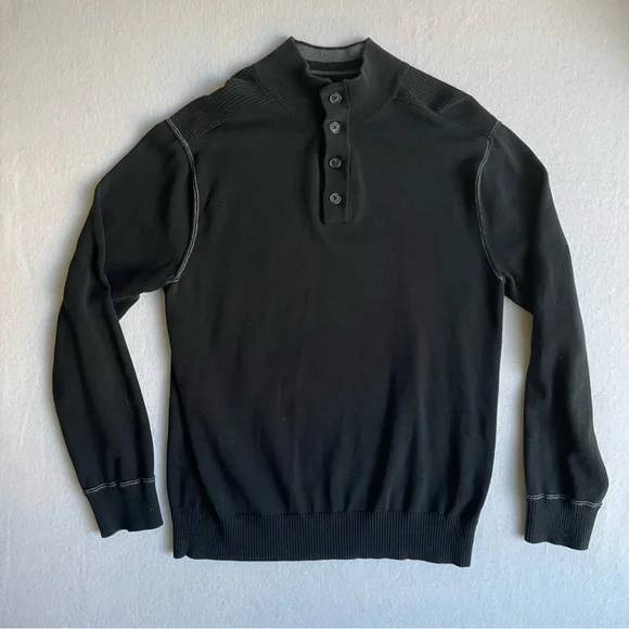 Nautica Jeans Co. Black Button-Neck Cotton Henley Sweater Minimalist, size XL