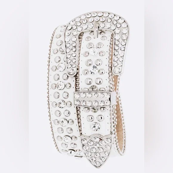 White & Silver Genuine Leather Crystal Fashion Belt
