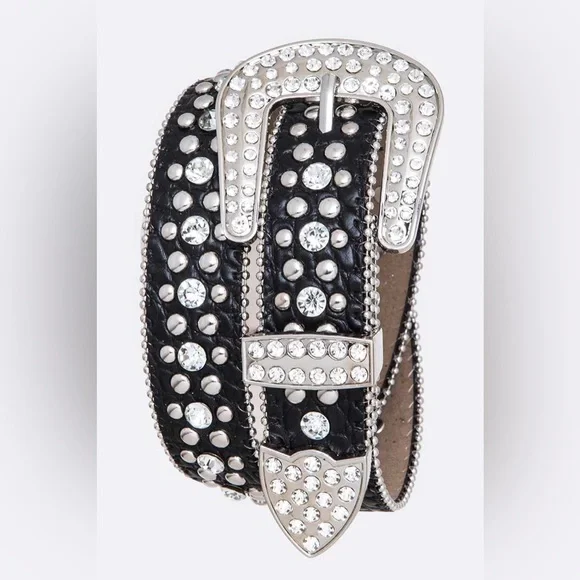 Black & Silver Genuine Leather Crystal Fashion Belt