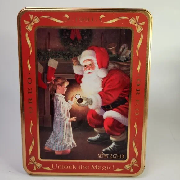 VTG Oreo Christmas Tin 1991 Red Santa‎ Cookie Storage Gift