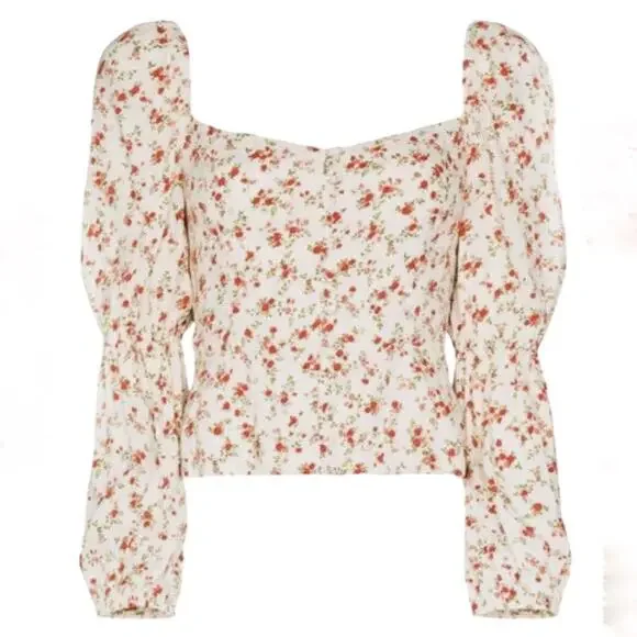 Reformation Cera Top White Red Floral Long Sleeve Button Front Sweetheart Neck 8