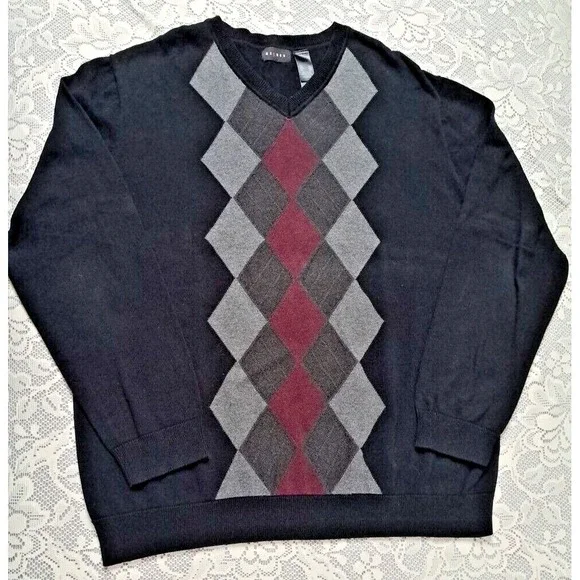 Axcess Sweater Men's XL Pullover V-neck Black Gray Burgundy‎ Argyle Pre-owned