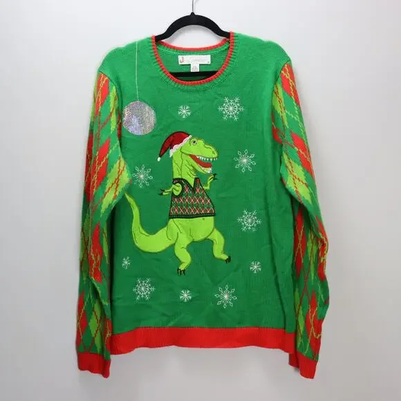 Jolly Sweaters Green T-Rex Dinosaur Christmas‎ Sweater Size L