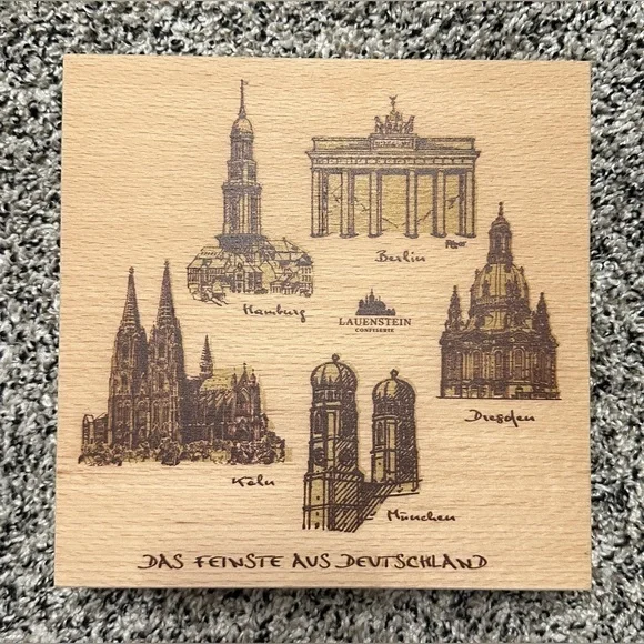 Vintage German Wooden Keepsake Storage Box | Architectural Illustration Design