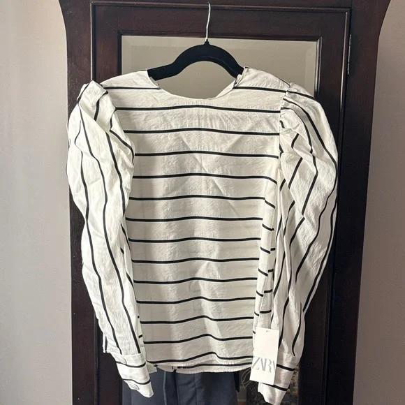Zara White Top with Black Stripes and Puff Sleeves