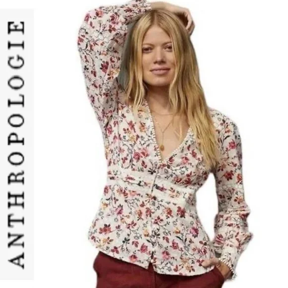 Like New Anthropologie Romantic Lace Long Sleeve Blouse 0