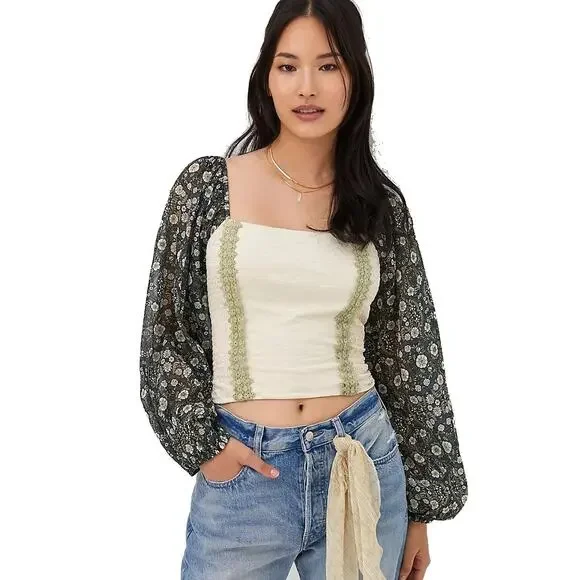 Anthropologie Top Cottagecore Smocked Coreset Lace Up Puff Sheer Floral Sleeves