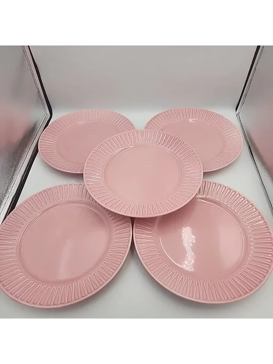 Set Of 5 Ikea Pink Ceramic Dinner Plate Ribbed Edges 10.75