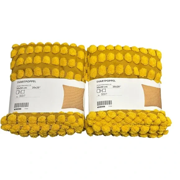 IKEA SVARTPOPEL Cushion Covers 20x20 Mustard Yellow Pom Pom Pillow‎ Set of 2