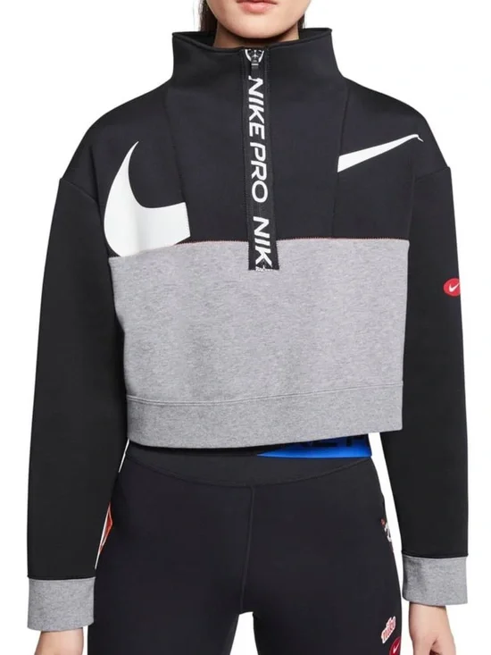 Nike Pro Dri-Fit Cropped Hoodie — Black, Gray & White Size Small