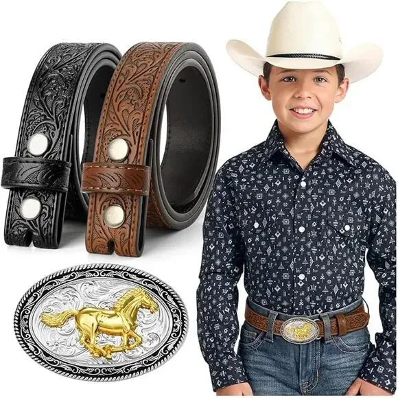 New Kids Western Genuine Leather Belt Embossed Cowboy Cowgirl Bull Horse