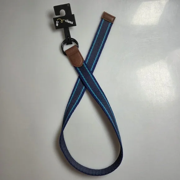 Art Class Boys Striped Webbed D-Ring Belt Navy Blue Brown Trim Size Medium NWT
