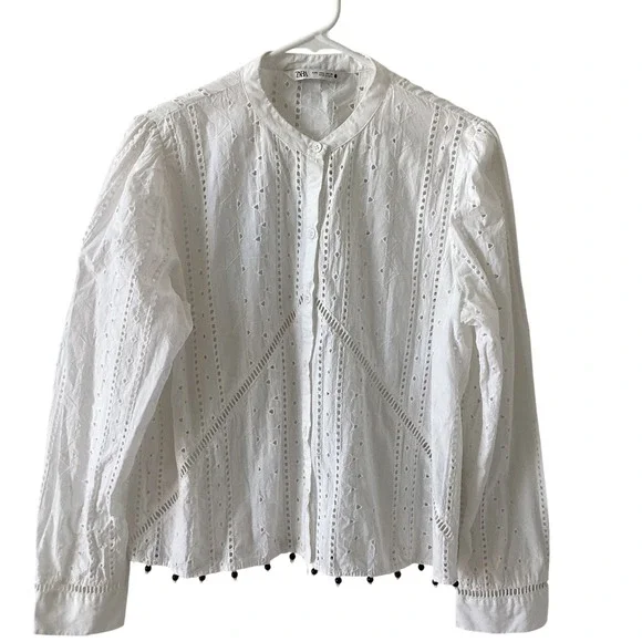 ZARA White Eyelet Embroidered Button Up Long Sleeve Blouse with Pom Poms Size Lg