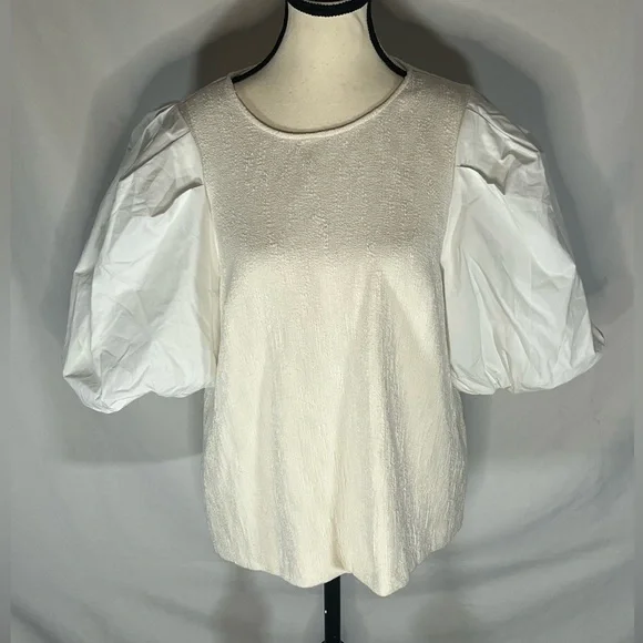 Anthropologie White Textured Bouclé Puff Sleeve Top Blouse NWT Large