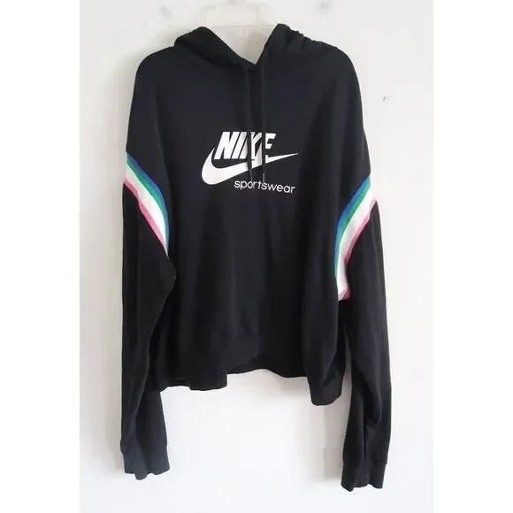 Nike Sportswear Black Hoodie with Striped Sleeves - Size XL