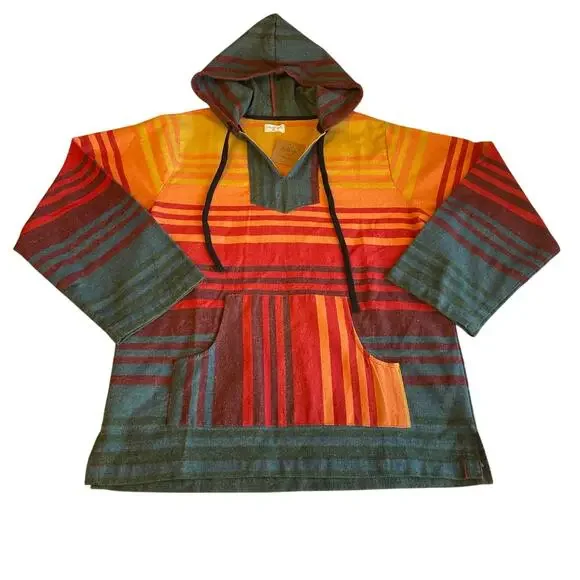 NWT Lakhays Boho Multicolor Strip Beach Striped Hoodie Med/Lg Unisex Orange Blue