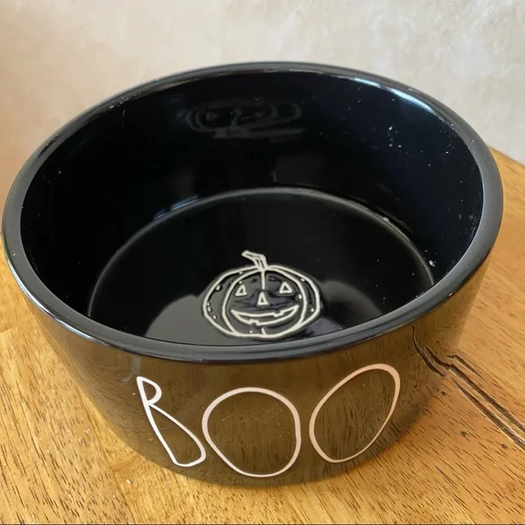 Rae Dunn Halloween Black BOO Pumpkin Ceramic Pet Bowl BRAND NEW!!