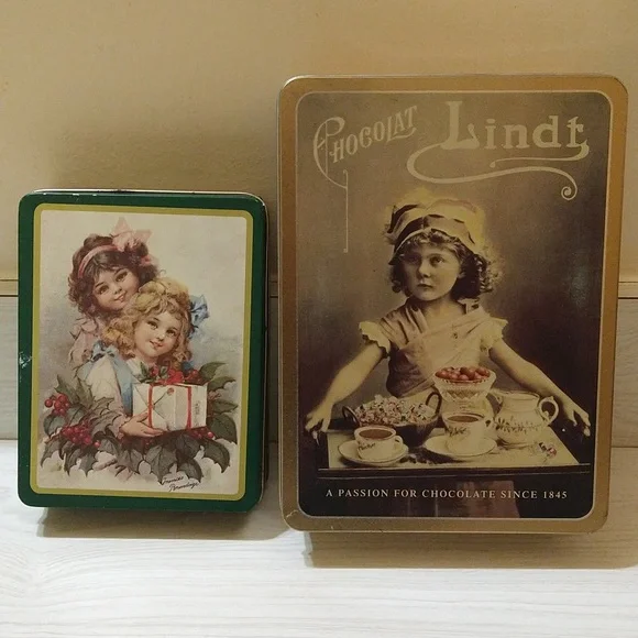 Vintage 2 RARE Chocolat Lindt & The Tinsmith's Craft Tin Storage Cans