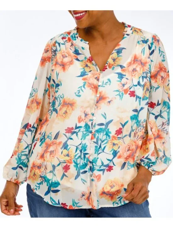 FIGUEROA FIG FLOWER ANTHROPOLOGIE Long Sleeve Button Front Top Ivory Floral Boho