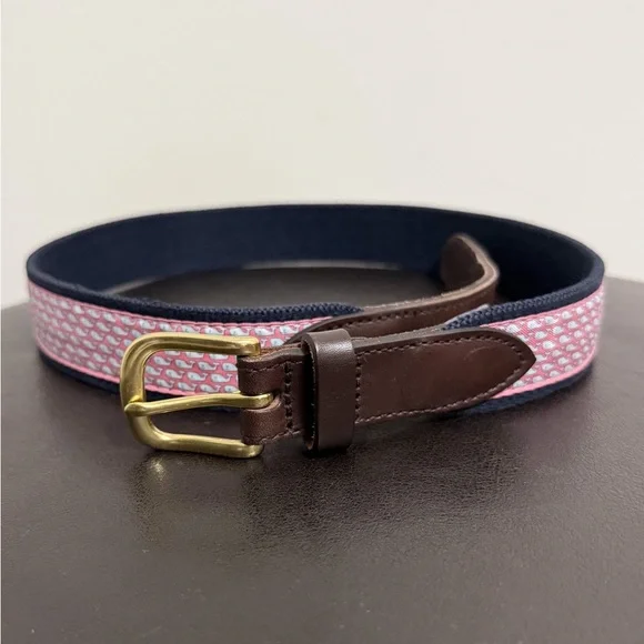 Vineyard Vines Pink Blue Whales Canvas Club Silk Leather Brass Belt Boys 30