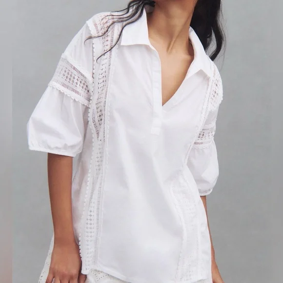 New White By Anthropologie Puff Sleeve Lace Blouse Sz Small