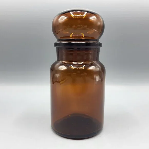 Vintage Amber Brown Glass Apothecary Jar With Bubble Lid Made In Belgium