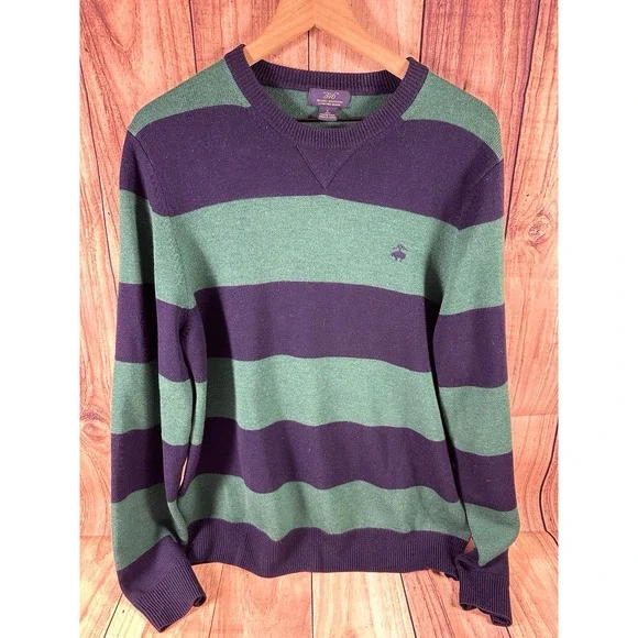 Brooks Brothers 346 Men Sweater LARGE Merino Wool Blue Green Stripe Crew Neck