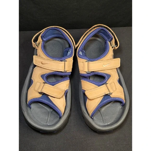 Nike Air Golf Sandals Womens 10 Tan Navy Blue‎ Leather Spiked 302135-221