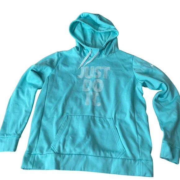 Nike Dri-FIT Just Do It Hoodie Womens Large Turquoise Blue Pullover Sweatshirt