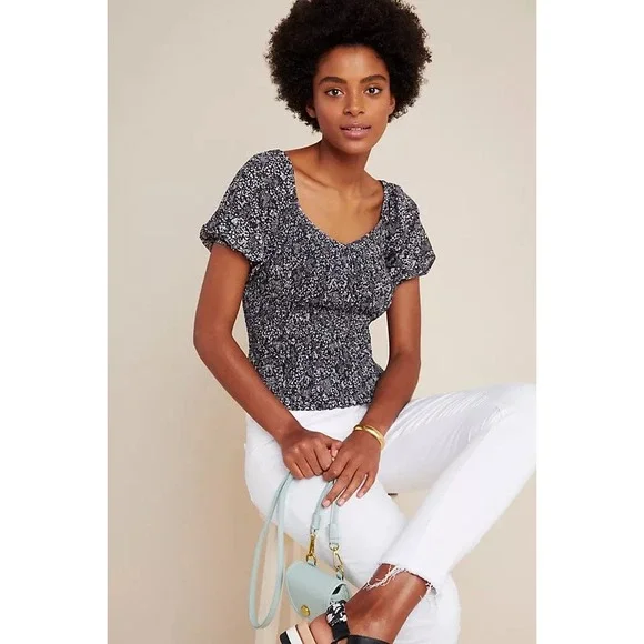 Anthropologie Aurelia Smocked‎ Shirt Puff Short Sleeve Black White Size Large