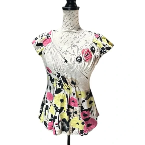 Anthropologie Baraschi Floral Short Puff Cap Sleeve Top Size Medium