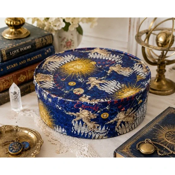 Vintage 90s Celestial Round Hat Box Cherub Zodiac Sun Moon Decorative Storage